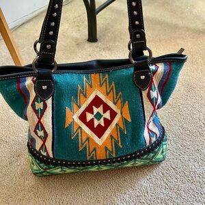 Montana West Teal Southwestern Tote with Black Trim